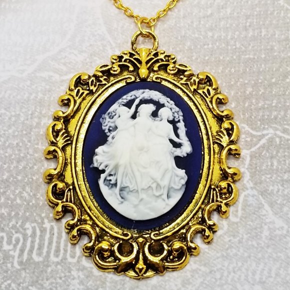 Baroque Vintage - Custom Jewelry - Gothic - 3 Graces - Gold & Dark Blue Cameo Necklace